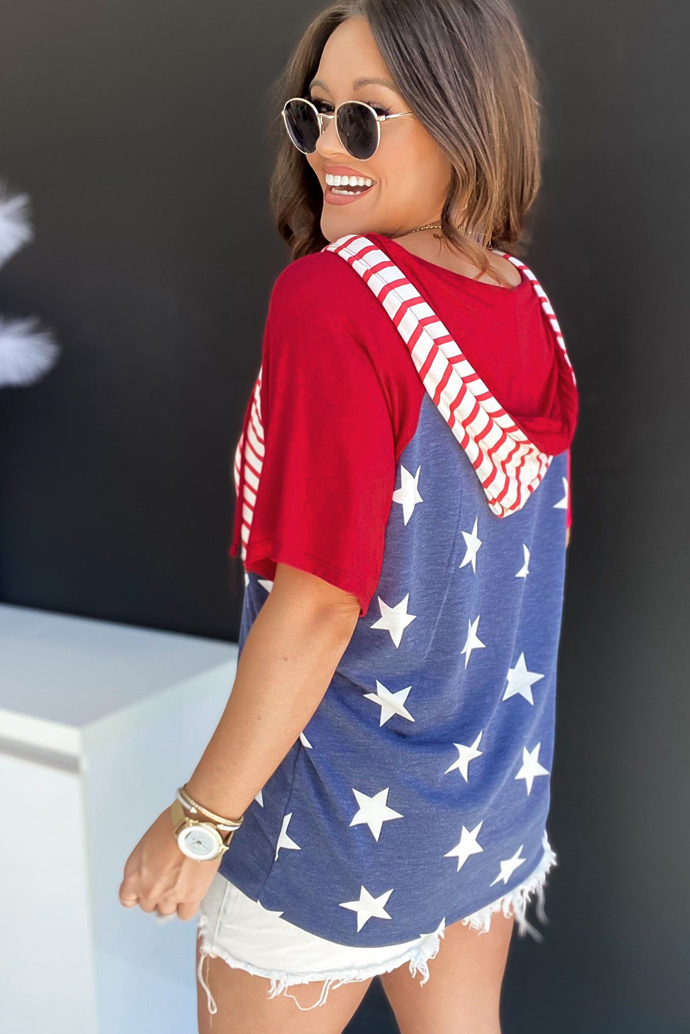 Fiery Red Stars and Stripes Print Drawstring Hooded T Shirt - loveforevers