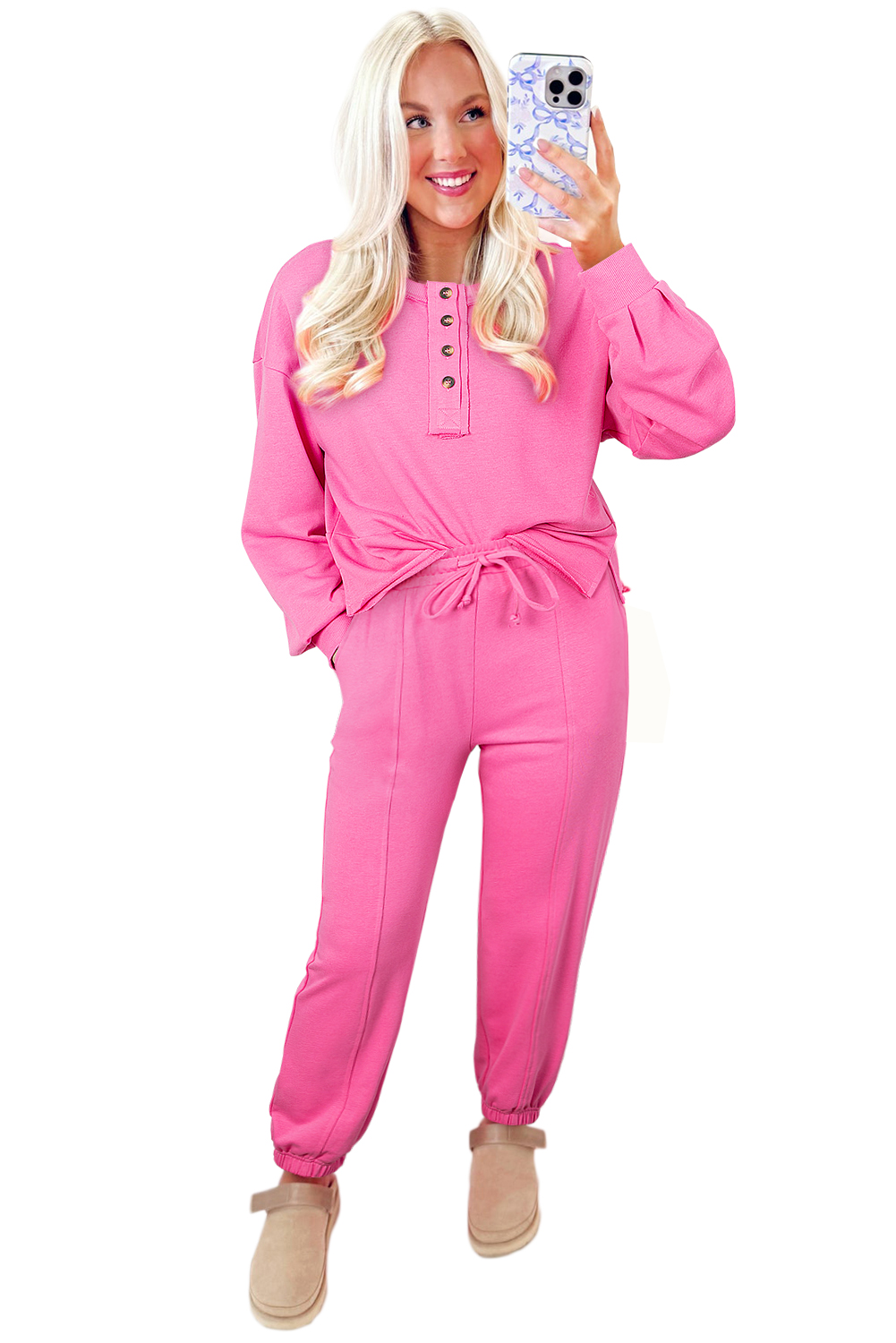Bright Pink Raw Edge Half Buttons Pullover and Jogger Pants Set - loveforevers
