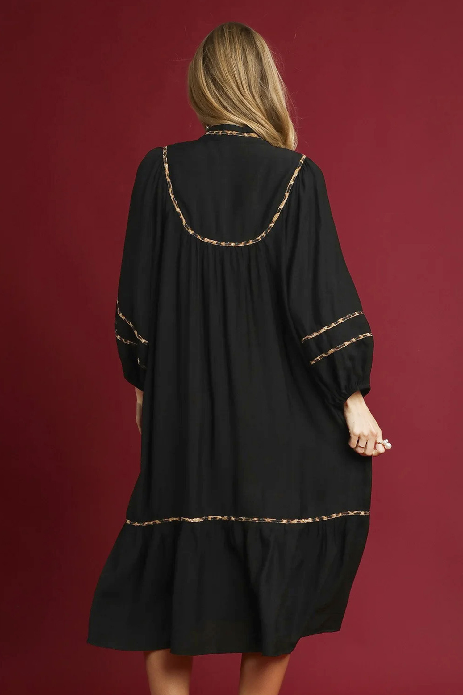 Black Contrast Leopard Trim Split Neck Long Sleeve Casual Midi Dress - loveforevers