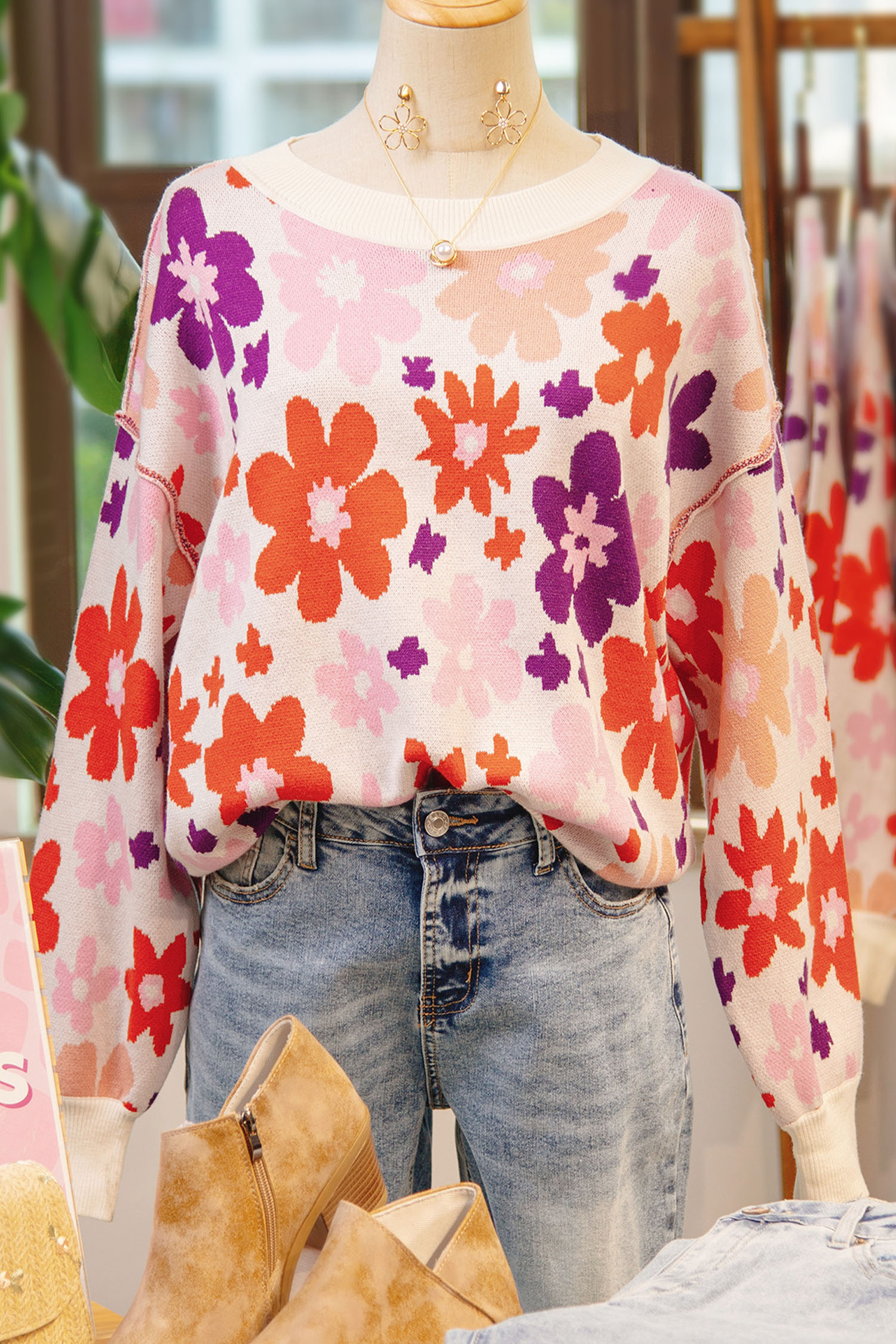 Khaki Fall Floral Pattern Drop Shoulder Sweater - loveforevers