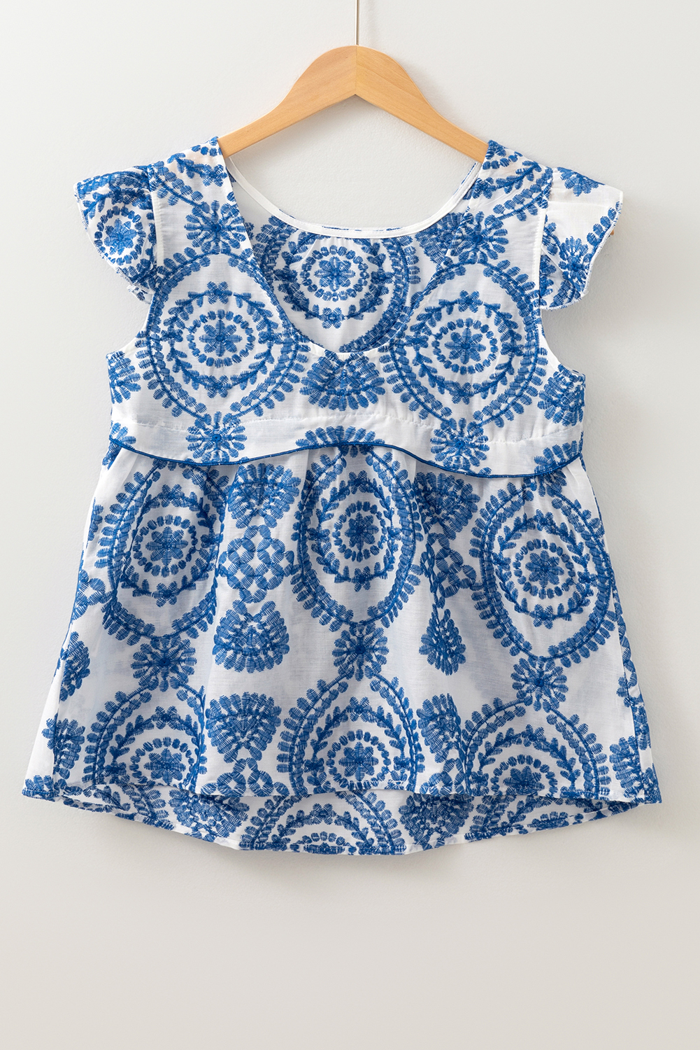 Blue Boho Print Flutter Sleeve Crew Neck Blouse - loveforevers