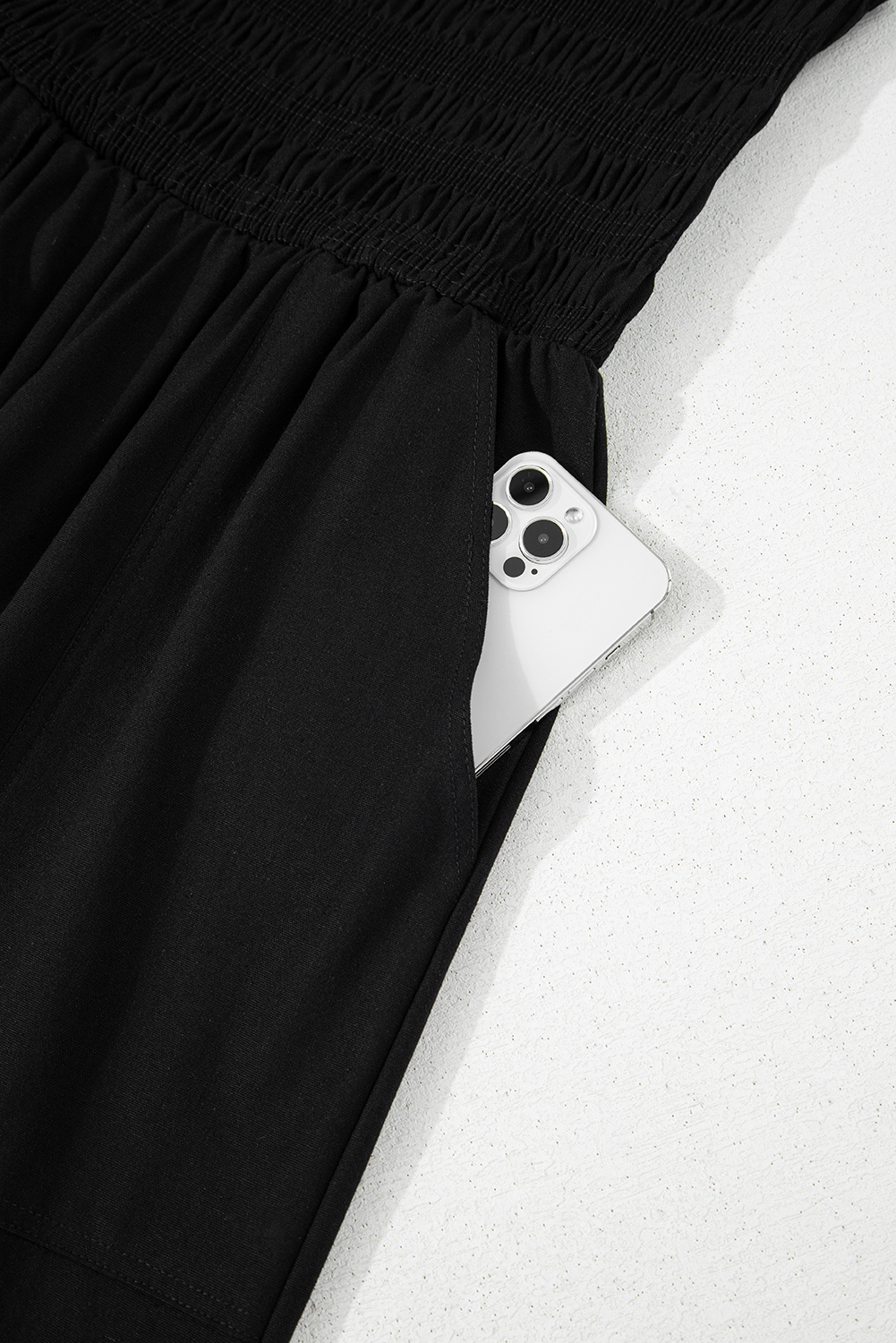 Black Spaghetti Straps Shirred Bodice Pocketed Wide Leg Jumpsuit - loveforevers