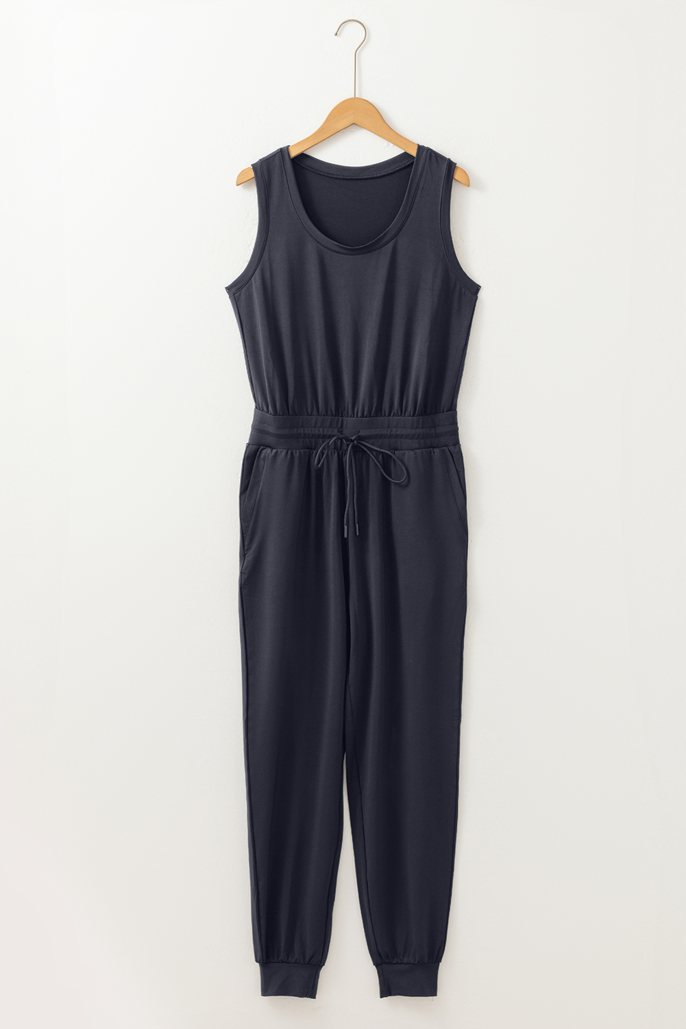 Black Casual Tank Style Tie Waist Pocketed Jogger Jumpsuit - loveforevers