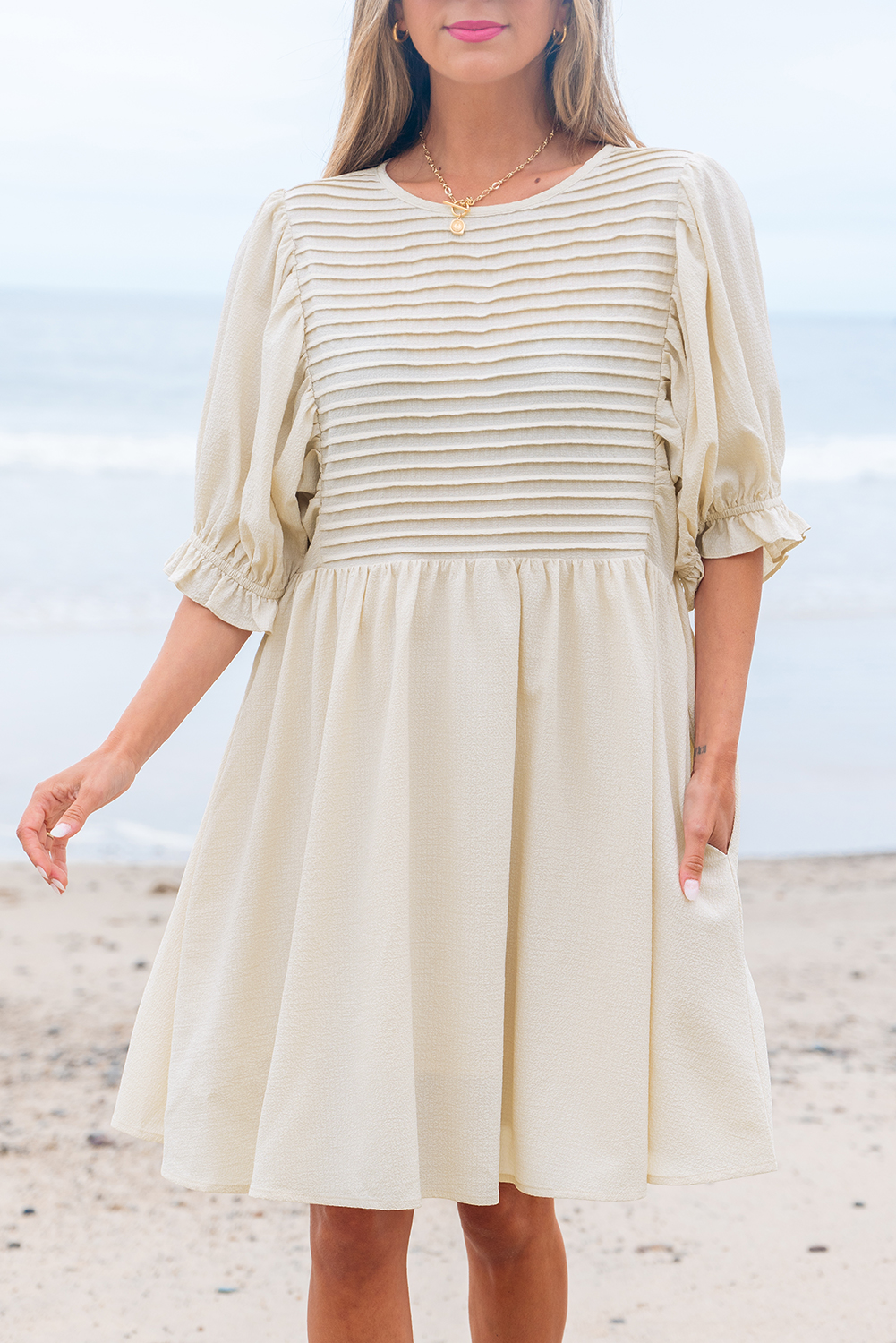 White Textured Ruffled Puff Sleeve Loose Dress - loveforevers