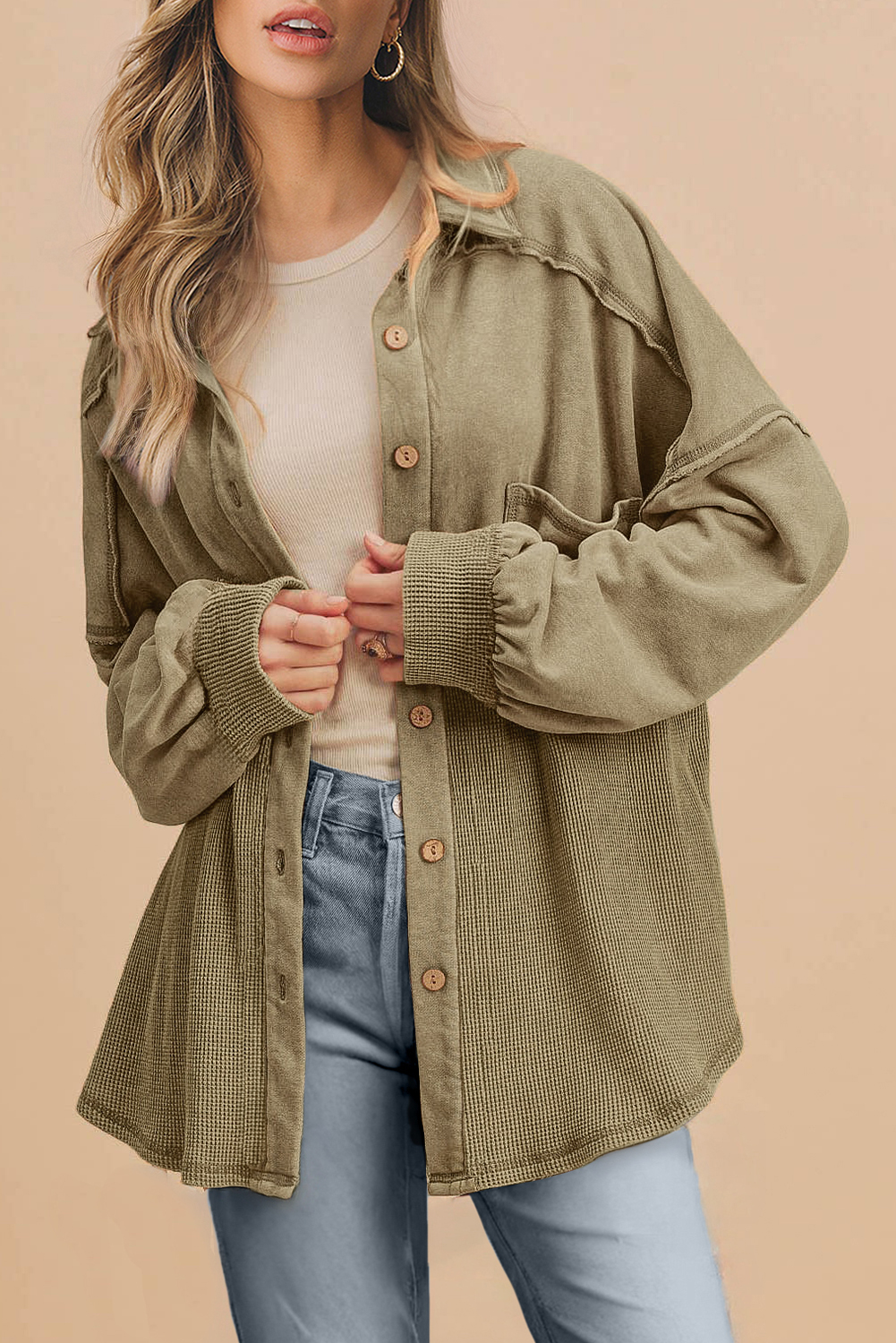 Moss Green Waffle Knit Patchwork Buttoned Oversized Shacket - loveforevers
