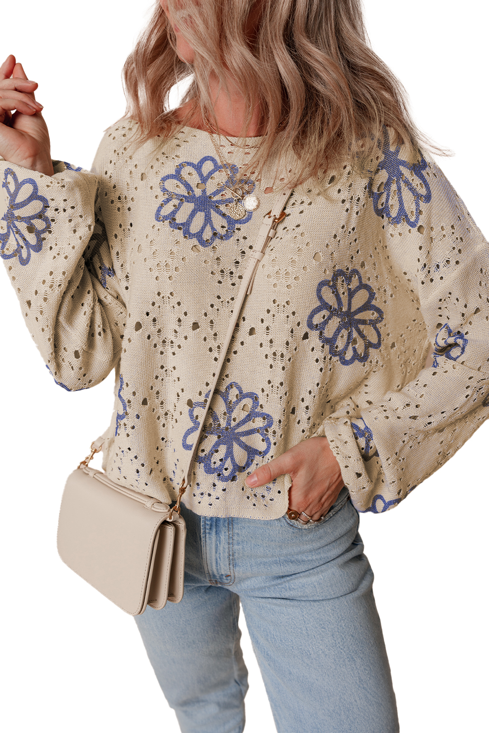 Beige Contrast Flower Print Eyelet Drop Shoulder Sweater - loveforevers