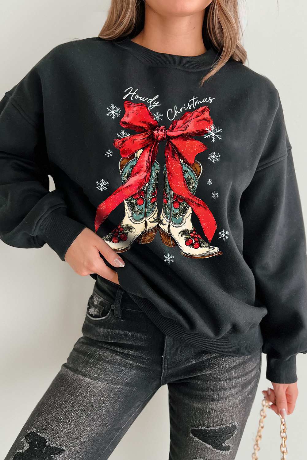 Black Howdy Christmas Ribbon Bow Knot Western Boots Graphic Sweatshirt - loveforevers