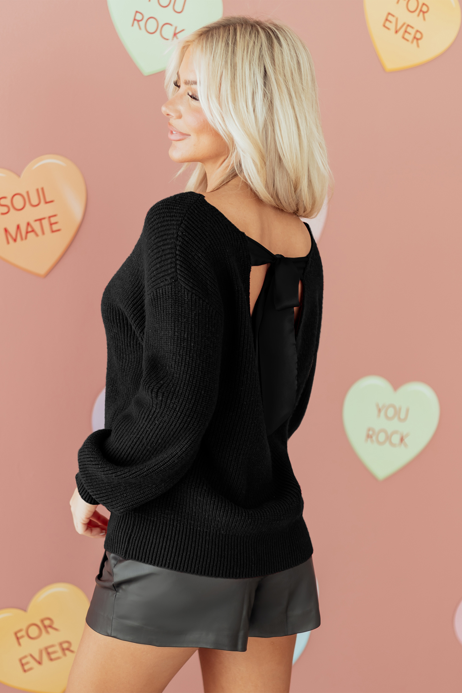 Black Ribbed Knit Ribbon Knot Backless Drop Shoulder Sweater - loveforevers