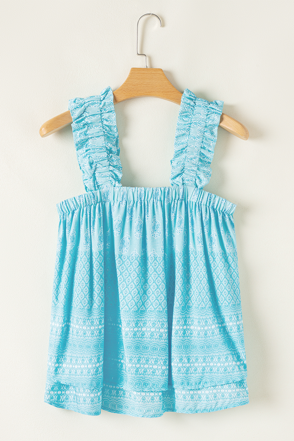 Sky Blue Tribal Pattern Print Ruffled Wide Straps Loose Tank Top - loveforevers