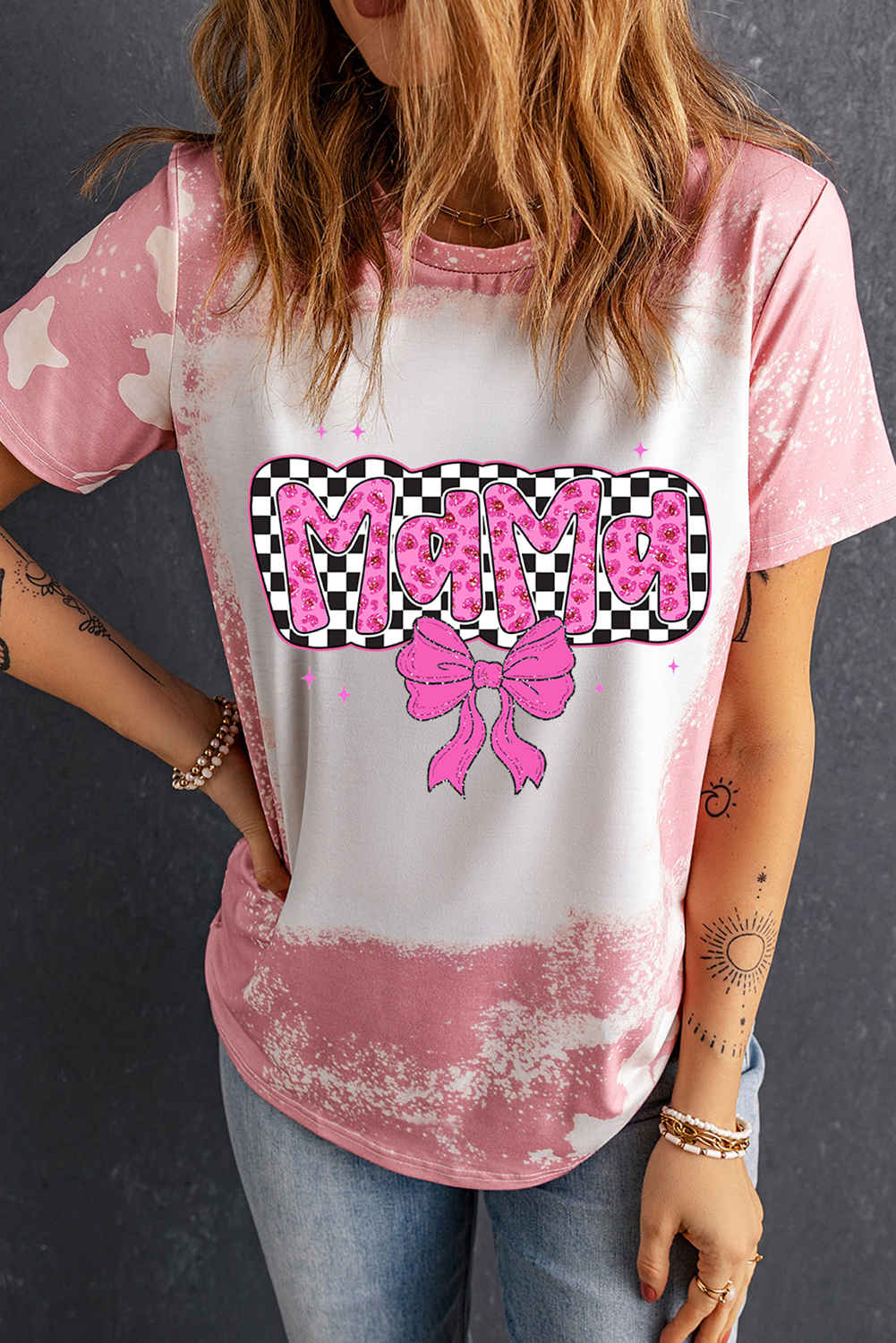 Pink Checkered Bow MAMA Graphic Tie-dye Tee - loveforevers