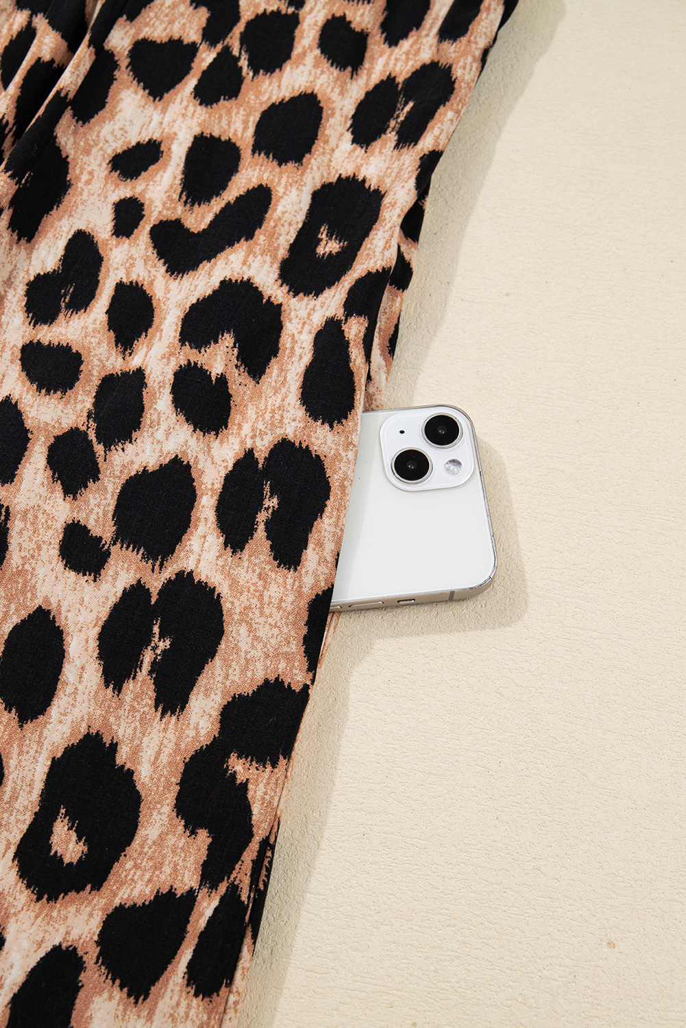 Four Leaf Clover Collared V Neck Smocked Detail Contrast Leopard Trim Bracelet Sleeve Long Dress - loveforevers