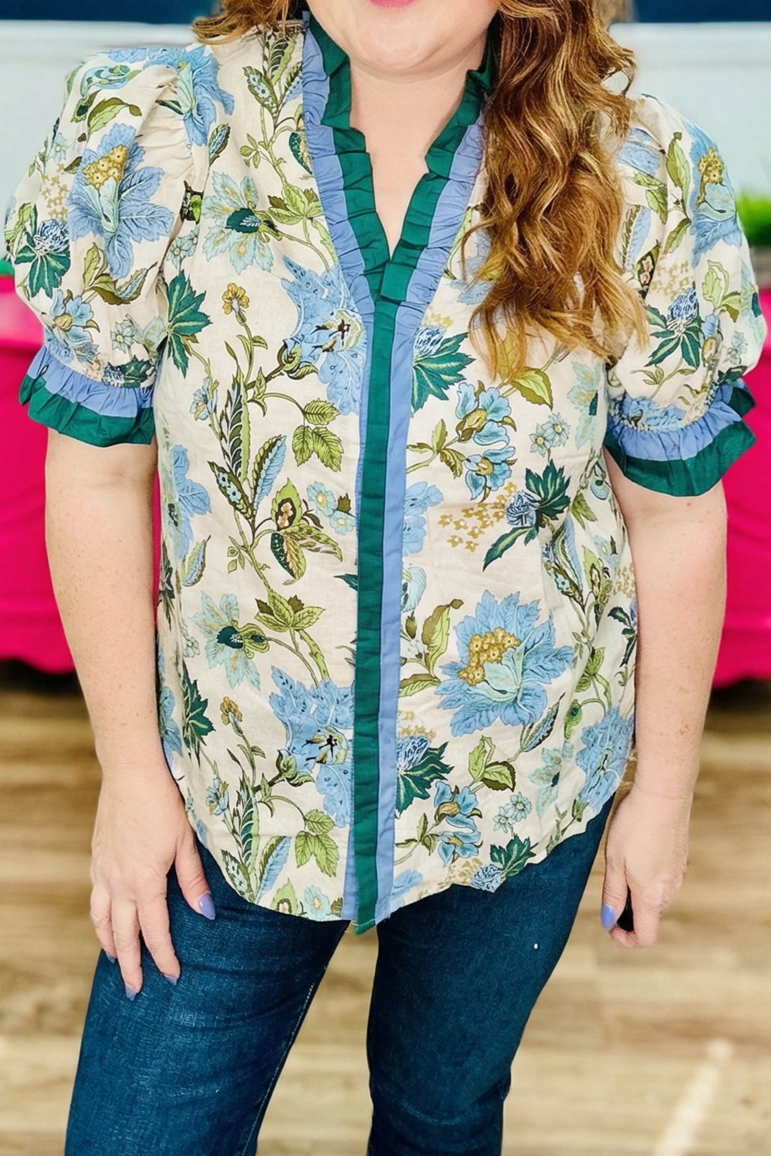 Sky Blue Plus Size Frilled V Neck Short Sleeve Floral Blouse - loveforevers