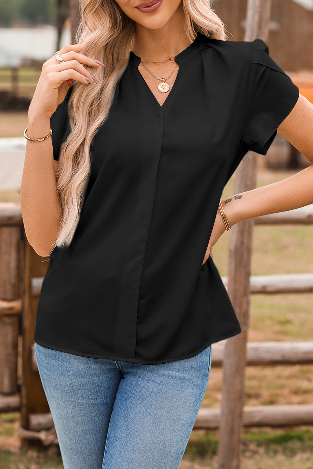 Black Silky Notched Neckline Petal Sleeve Blouse - loveforevers