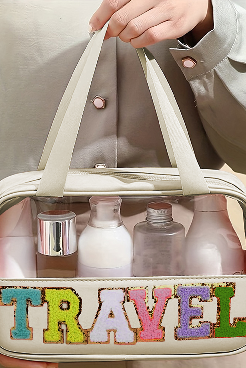 Light Pink TRAVEL Chenille Letter Clear PVC Makeup Bag - loveforevers