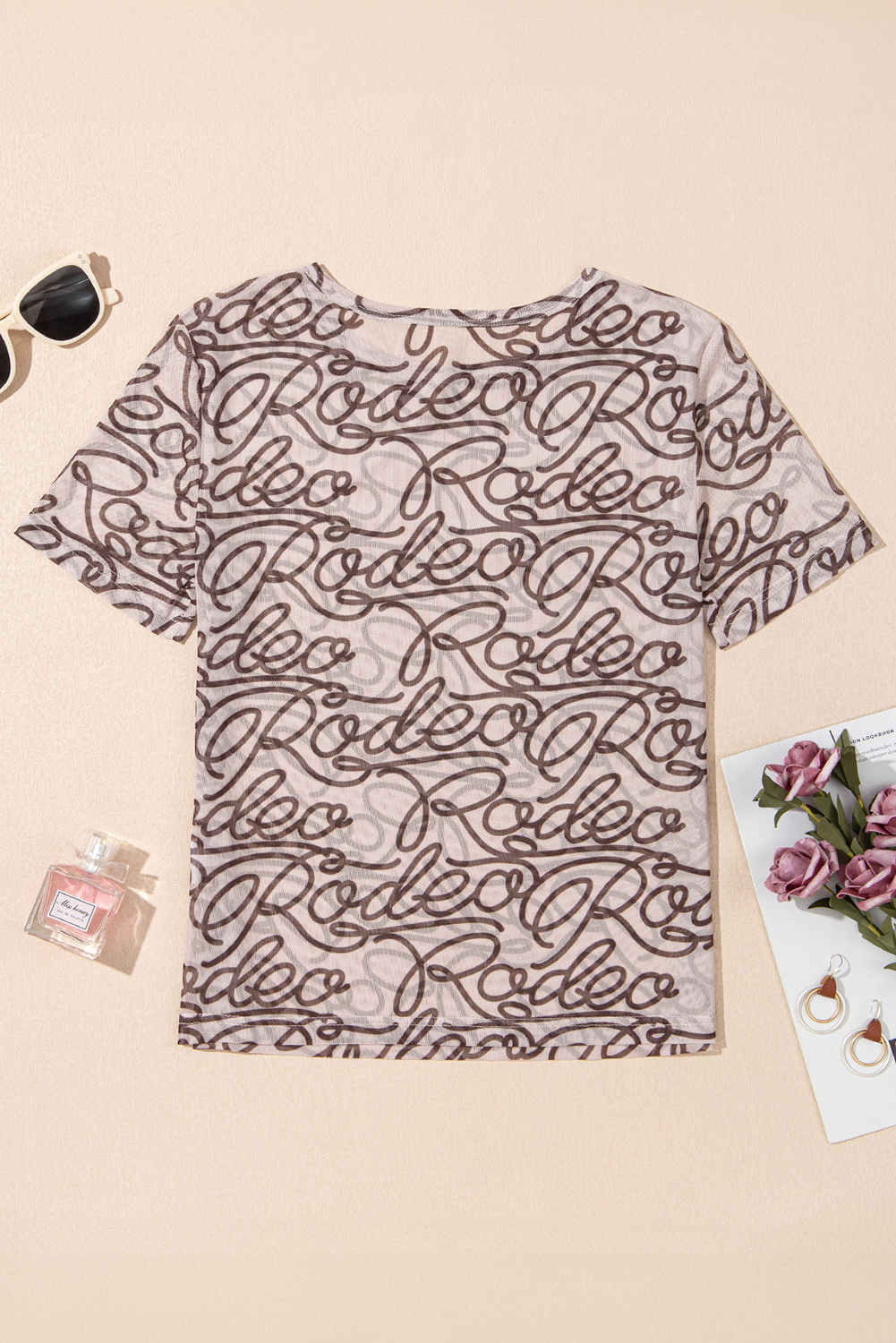 Brown Rodeo Print Round Neck Slim Fit Mesh T Shirt - loveforevers