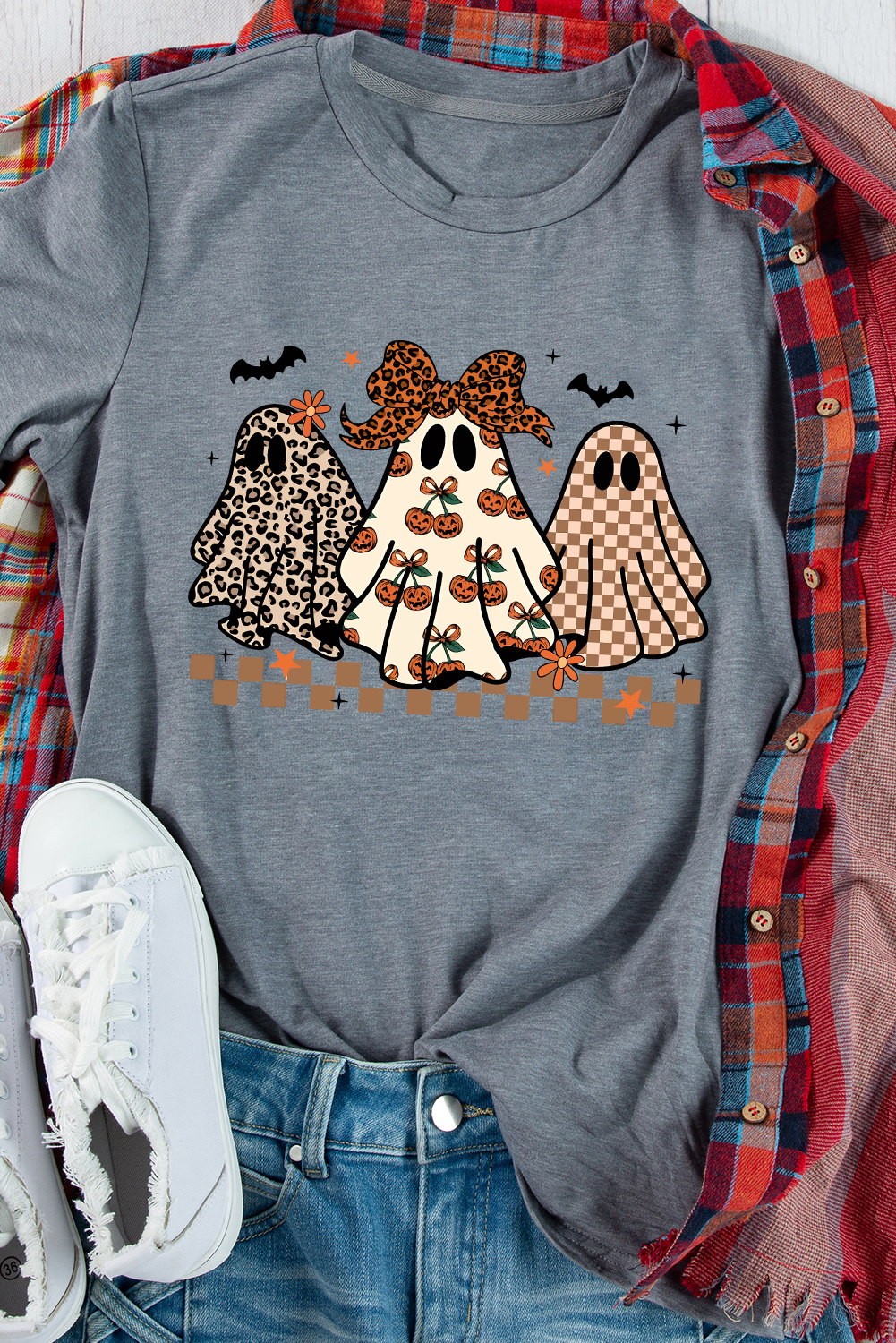 Gray Cute Halloween Ghost Printed Womens Casual Tee - loveforevers
