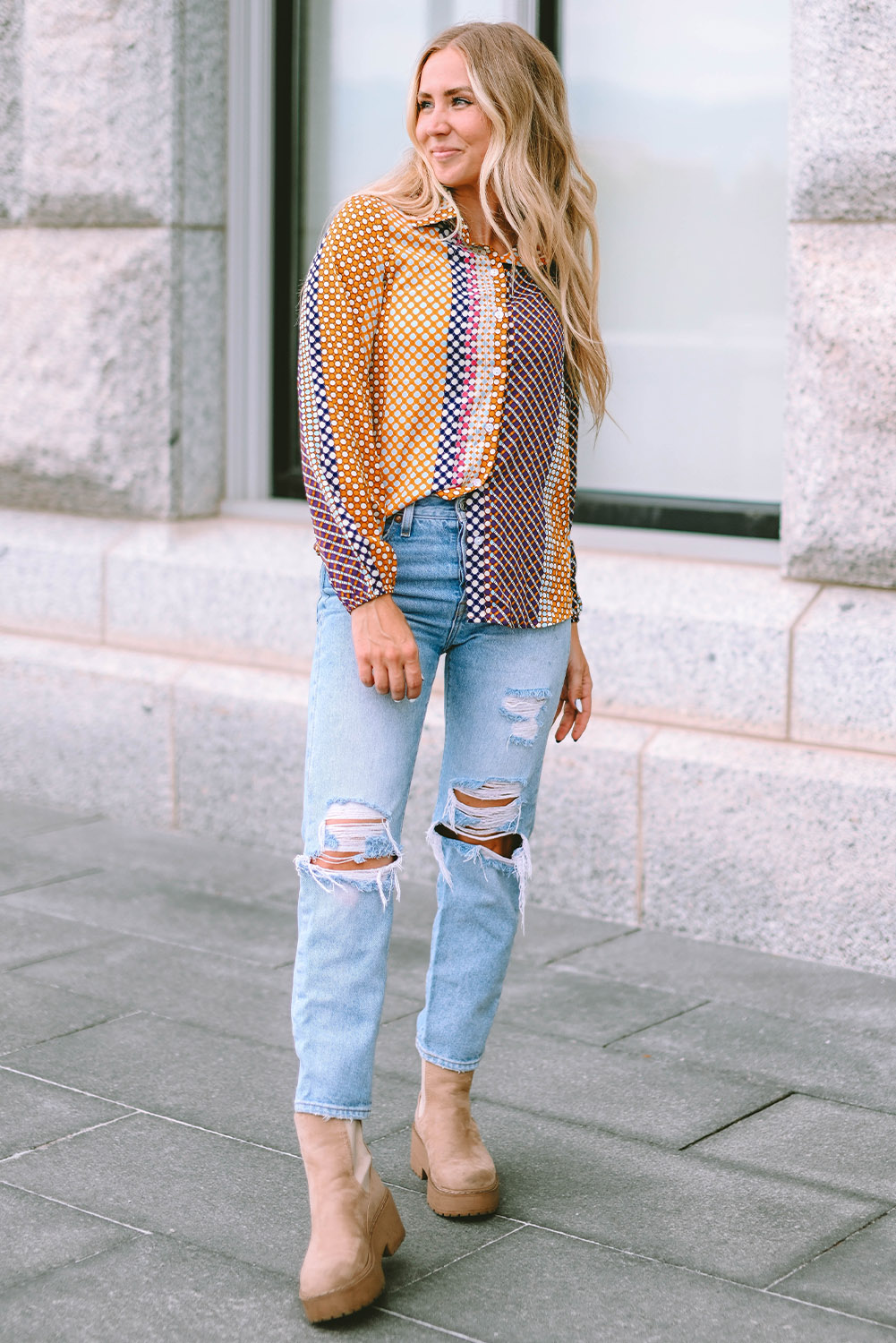 Brown Dot Print Long Sleeve Button Down Shift Shirt - loveforevers