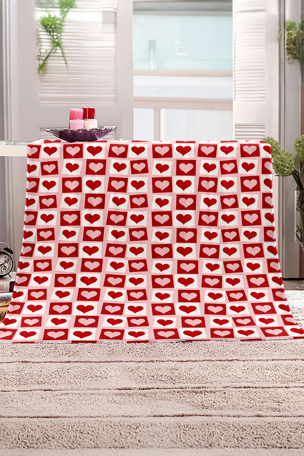 Fiery Red Heart Checkered Print Soft Large Blanket - loveforevers