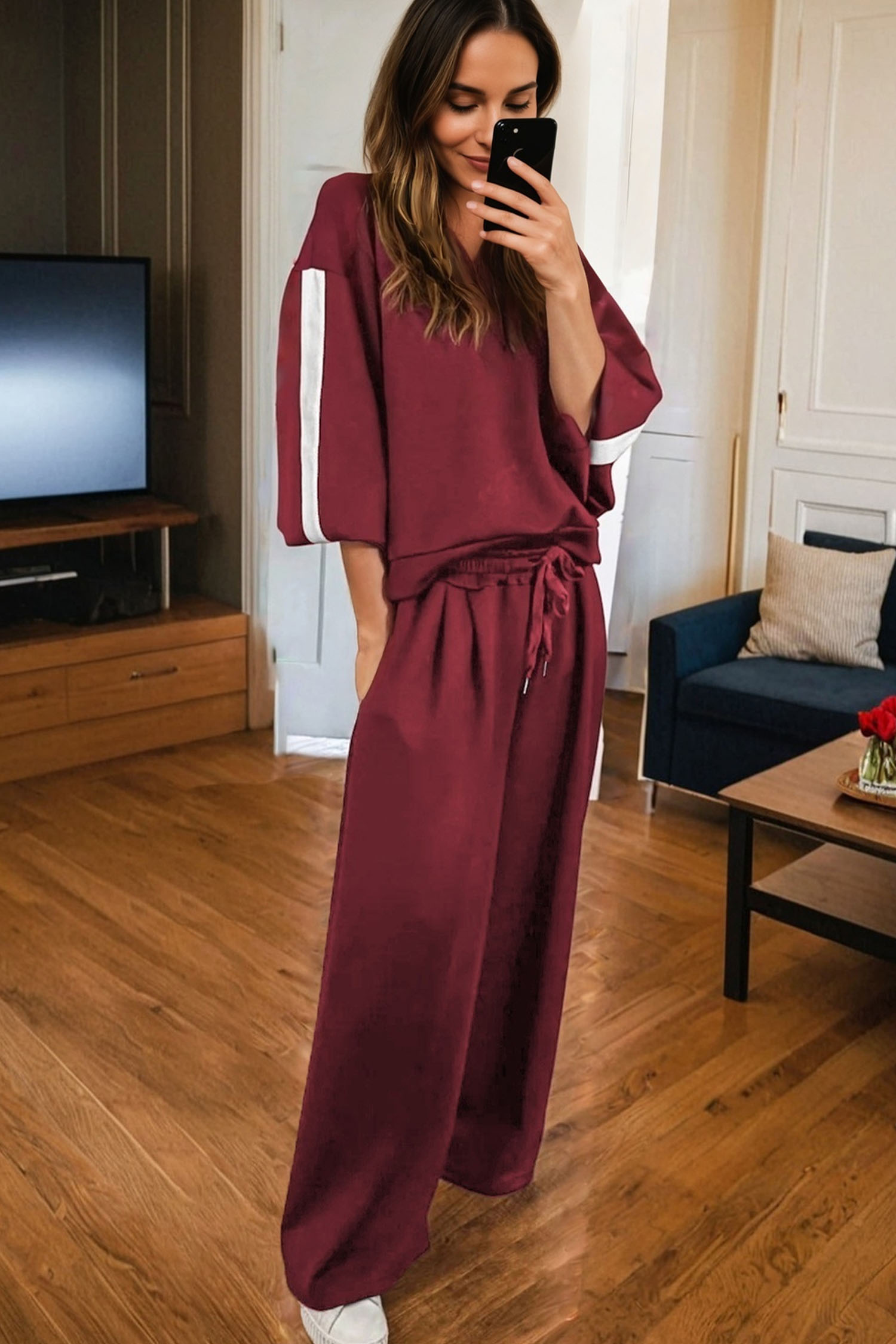 Burgundy Varsity Striped 3/4 Sleeve Pullover Drawstring Sweatpants Set - loveforevers