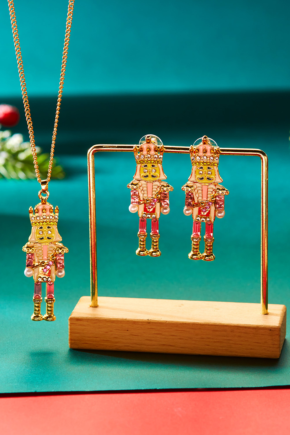 Pink Christmas Nutcracker Doll Alloy Gem Holiday Earrings - loveforevers