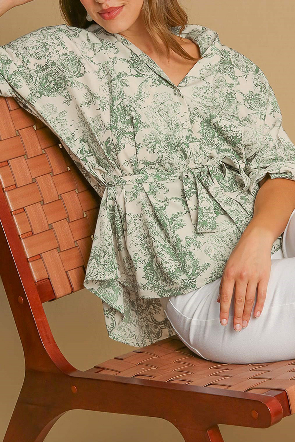 Green Landscape Print Tied 3/4 Sleeve Shirt with Sash - loveforevers
