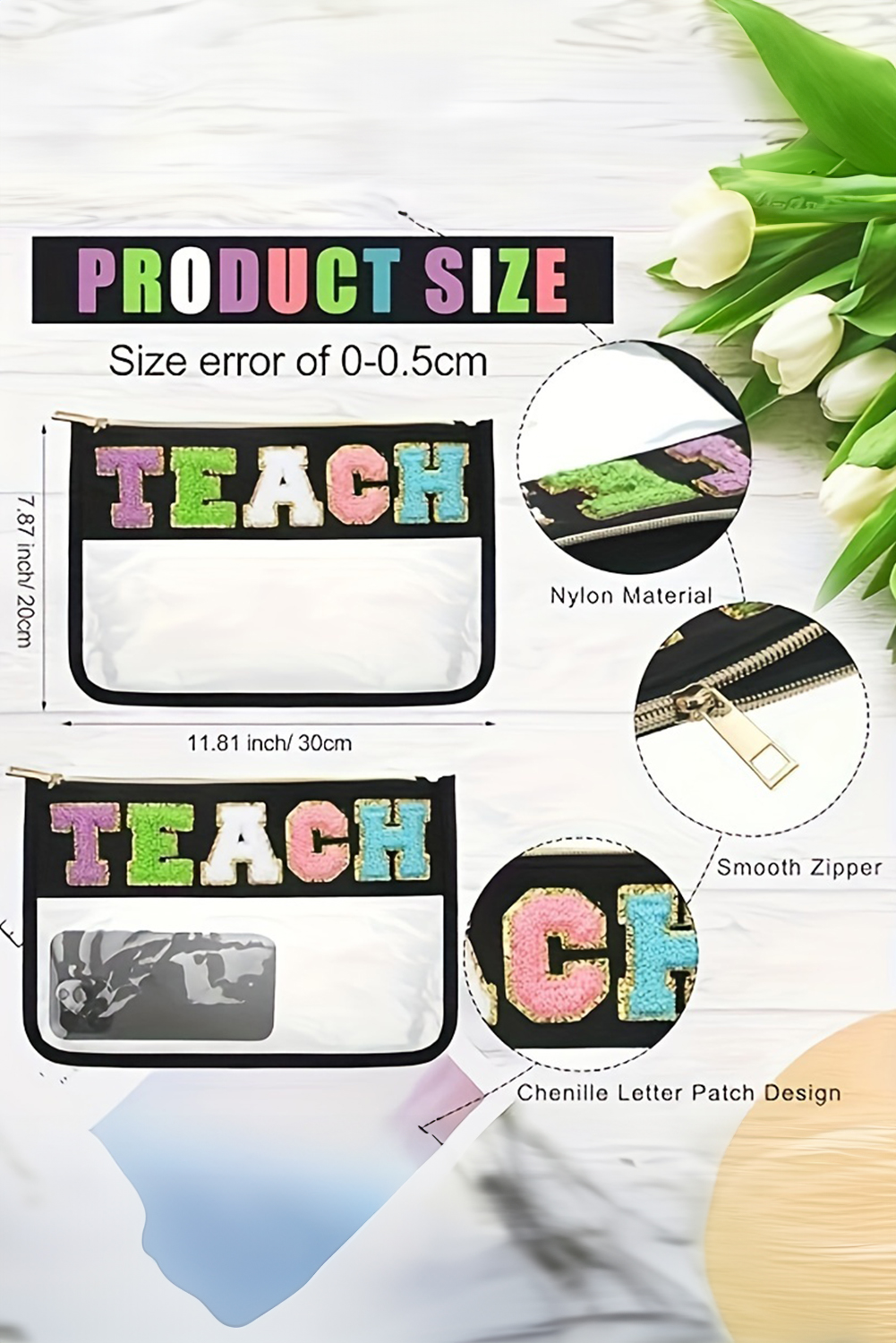 Black TEACH Glitter Chenille Clear PVC Makeup Bag - loveforevers