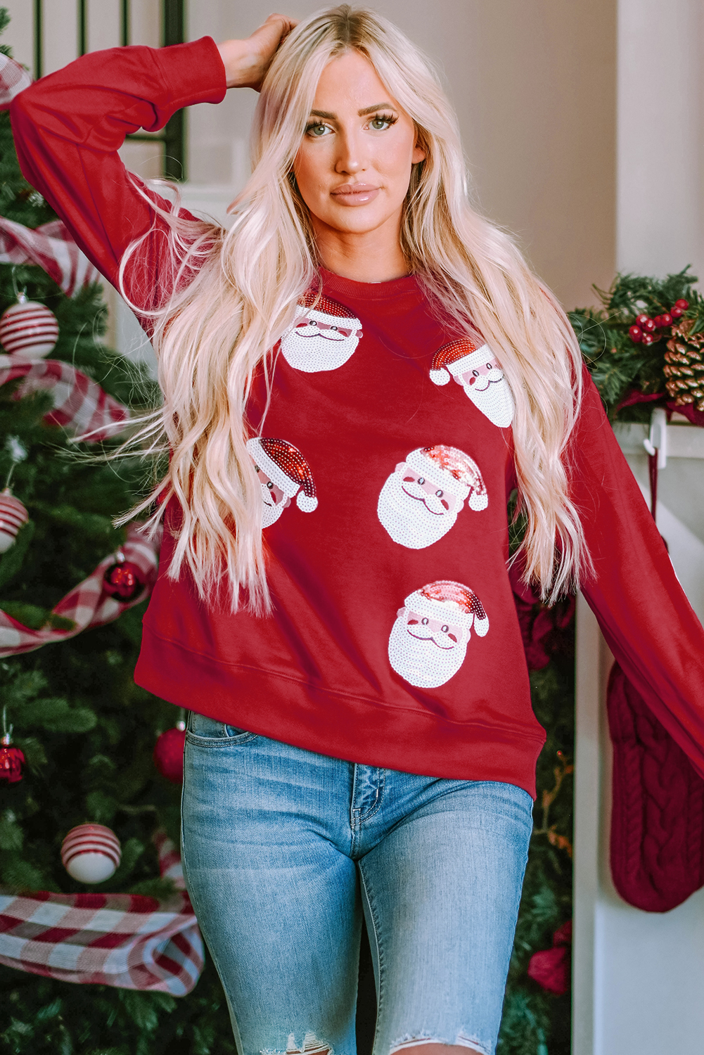 Fiery Red Santa Claus Sequin Graphic Sweatshirt - loveforevers