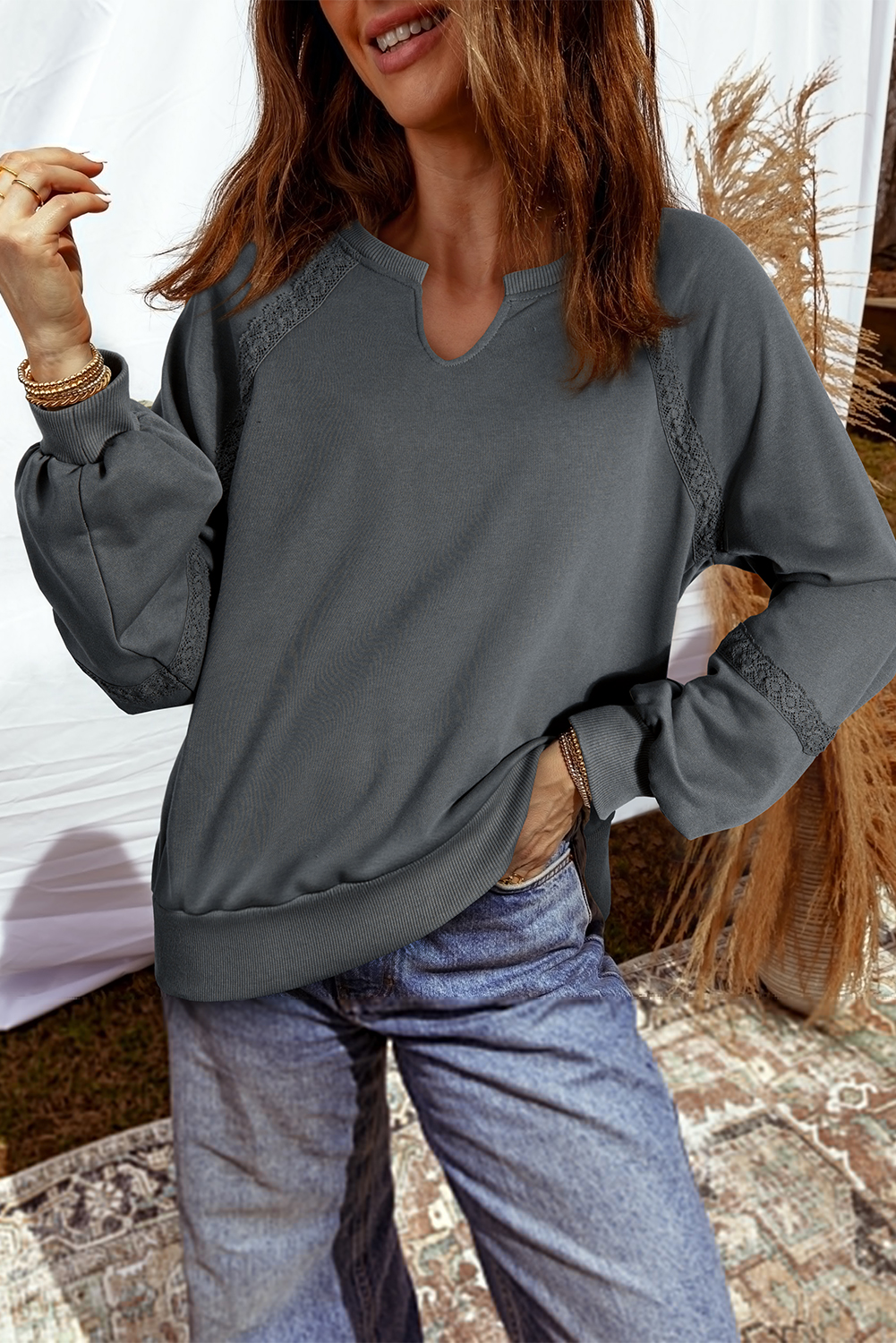 Gray Lace Patchwork Detail Notched Neck Mineral Wash Sweatshirt - loveforevers
