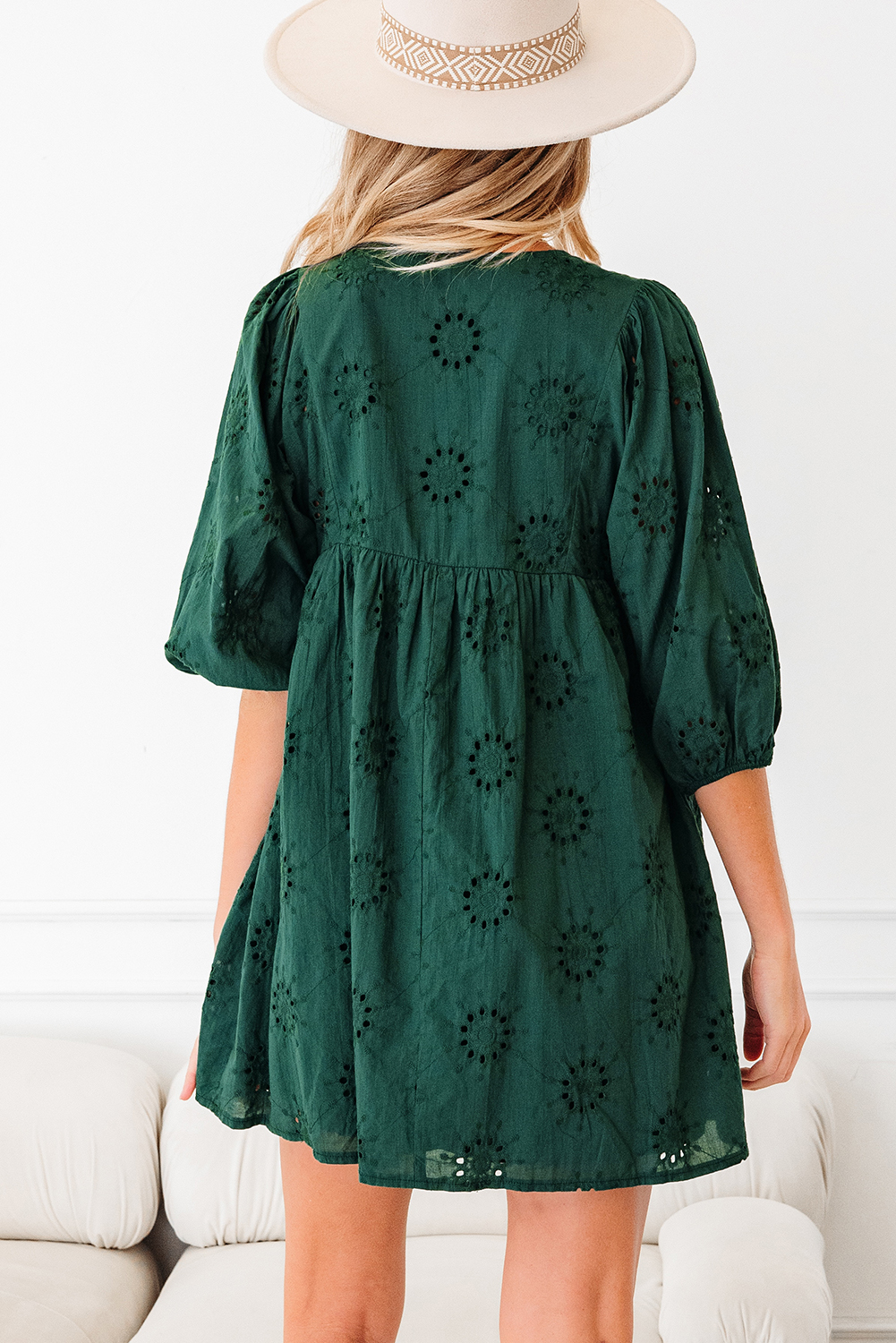 Blackish Green Embroidered Eyelet Pattern 3/4 Puffy Sleeve Swing Mini Dress - loveforevers