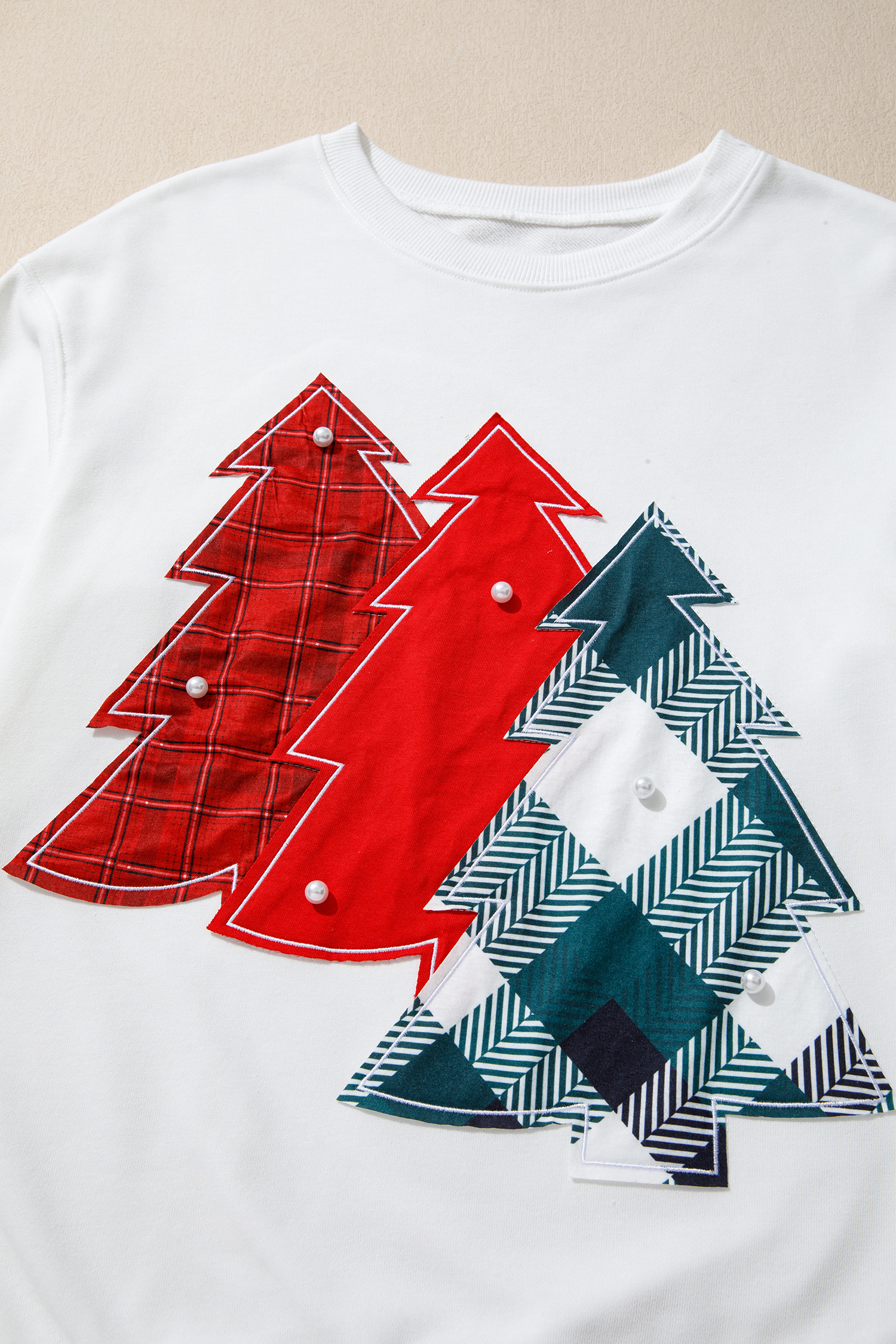 White Pearl Plaid Christmas Tree Patched Drop Shoulder Sweatshirt - loveforevers