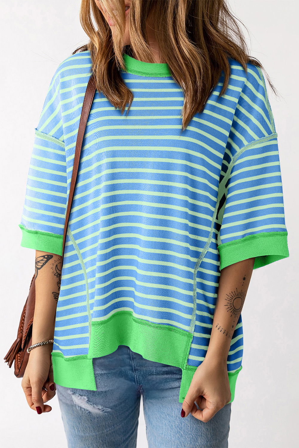 Sky Blue Stripe Oversized Contrast Trim Exposed Seam High Low T Shirt - loveforevers