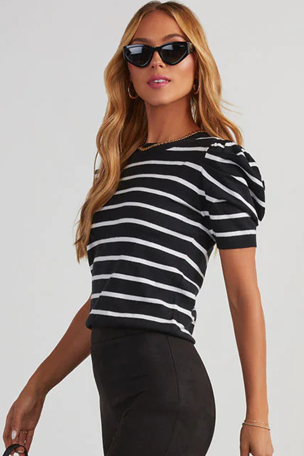 Blue Stripe Ribbed Trim Round Neck Bubble Sleeve Knitted Top - loveforevers
