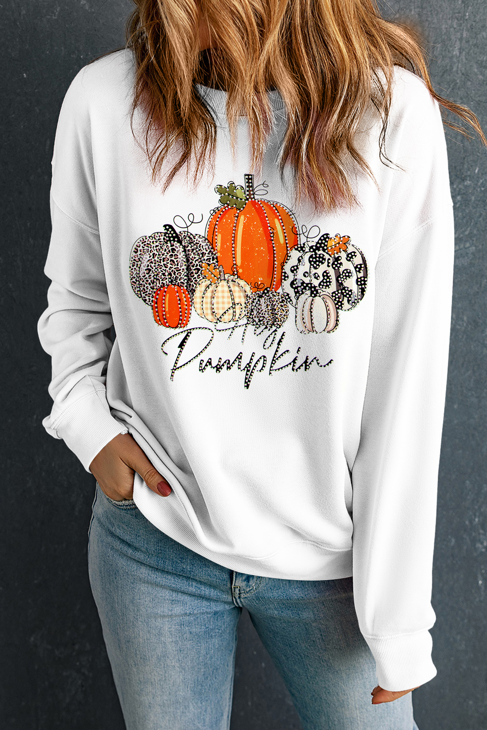 Beige Rhinestone Pumpkin Graphic Crewneck Thanksgiving Sweatshirt - loveforevers