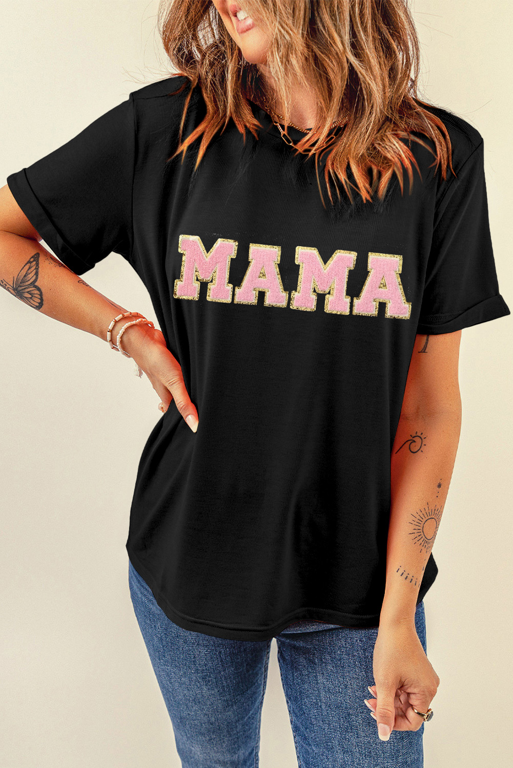 White MAMA Leopard Embroidered Crew Neck Graphic Tee - loveforevers