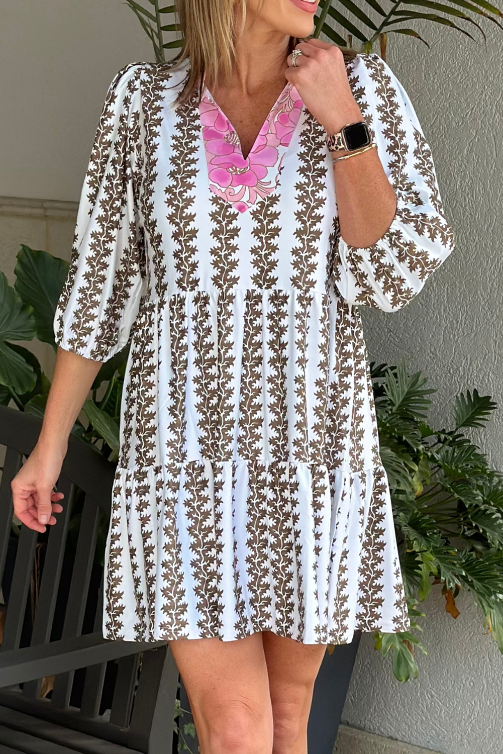 Black Contrast Floral V Neck Printed Bracelet Sleeve Dress - loveforevers