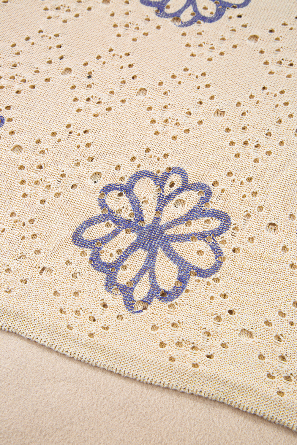 Beige Contrast Flower Print Eyelet Drop Shoulder Sweater - loveforevers