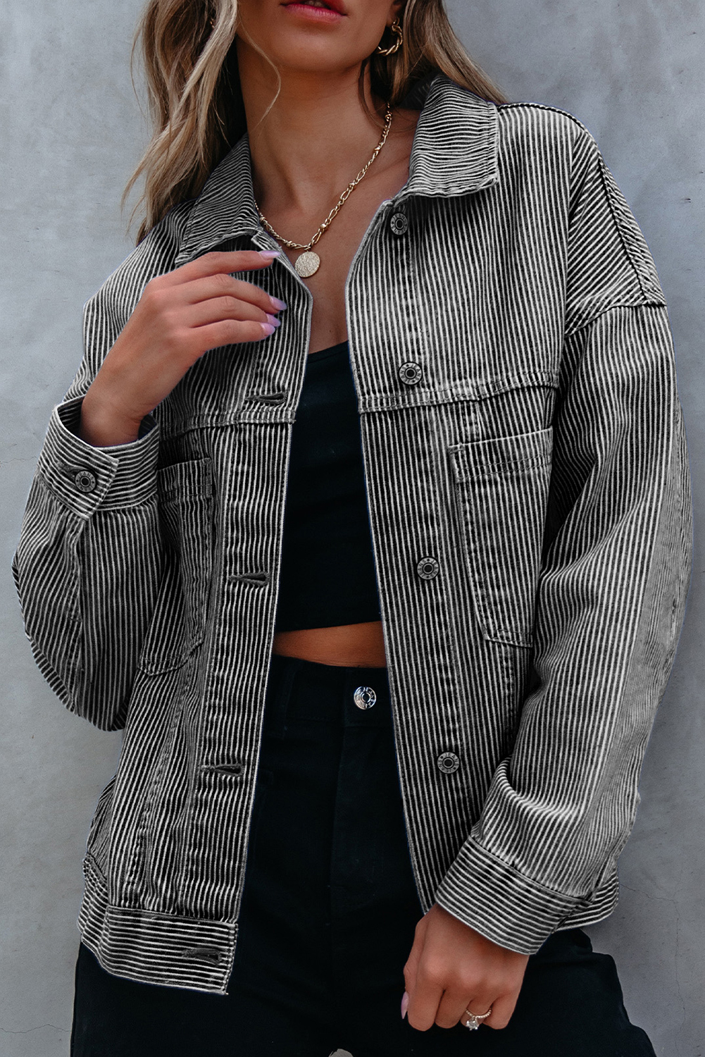 Blue Stripe Washed Oversize Pocketed Denim Jacket - loveforevers