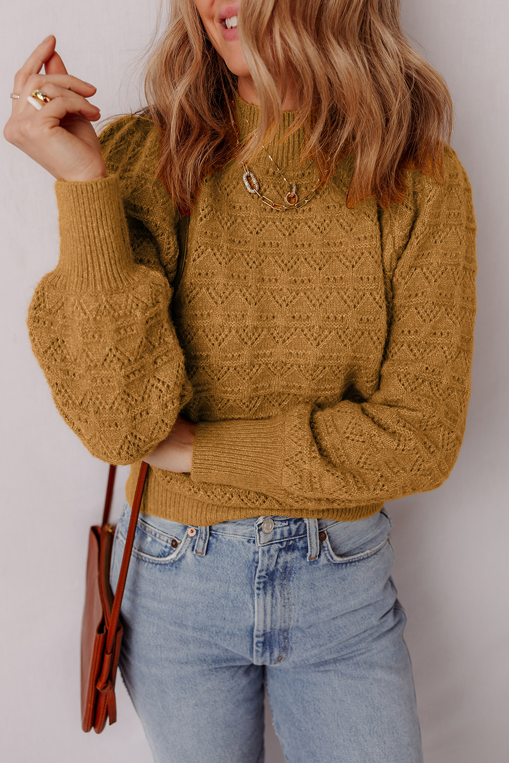 Jurassic Gold Hollow Out Crochet Ribbed Edge Balloon Sleeve Sweater - loveforevers