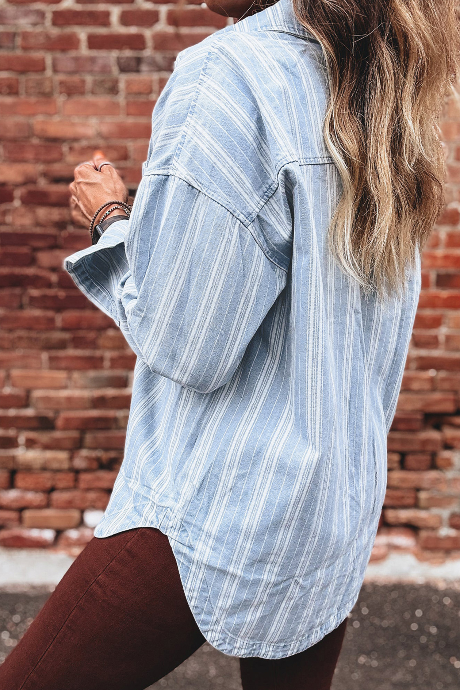 Sky Blue Stripe Boyfriend Chest Pocket Classic Denim Shacket - loveforevers