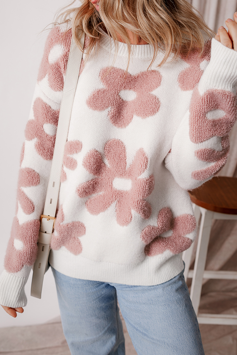 White Textured Flower Drop Shoulder Loose Sweater - loveforevers