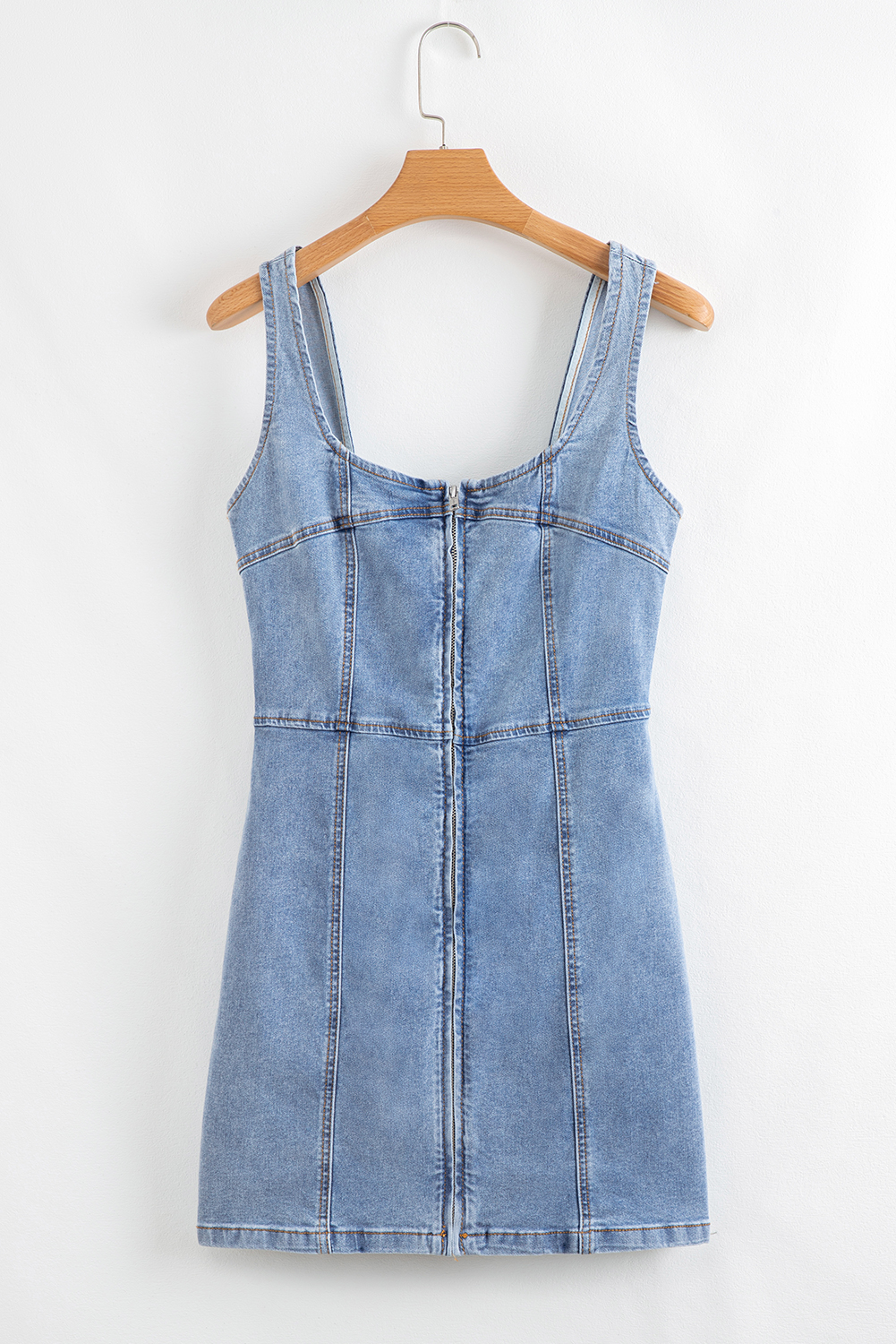 Beau Blue Seamed Zipper Square Neck Sleeveless Denim Mini Dress - loveforevers