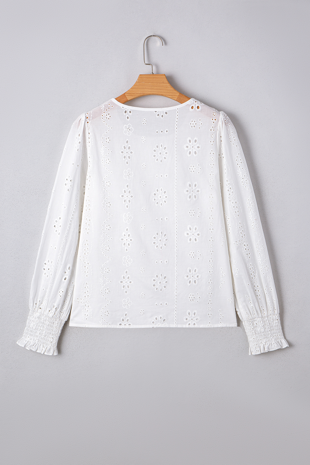 White Eyelet Embroidered Smocked Cuff Sheer Blouse - loveforevers