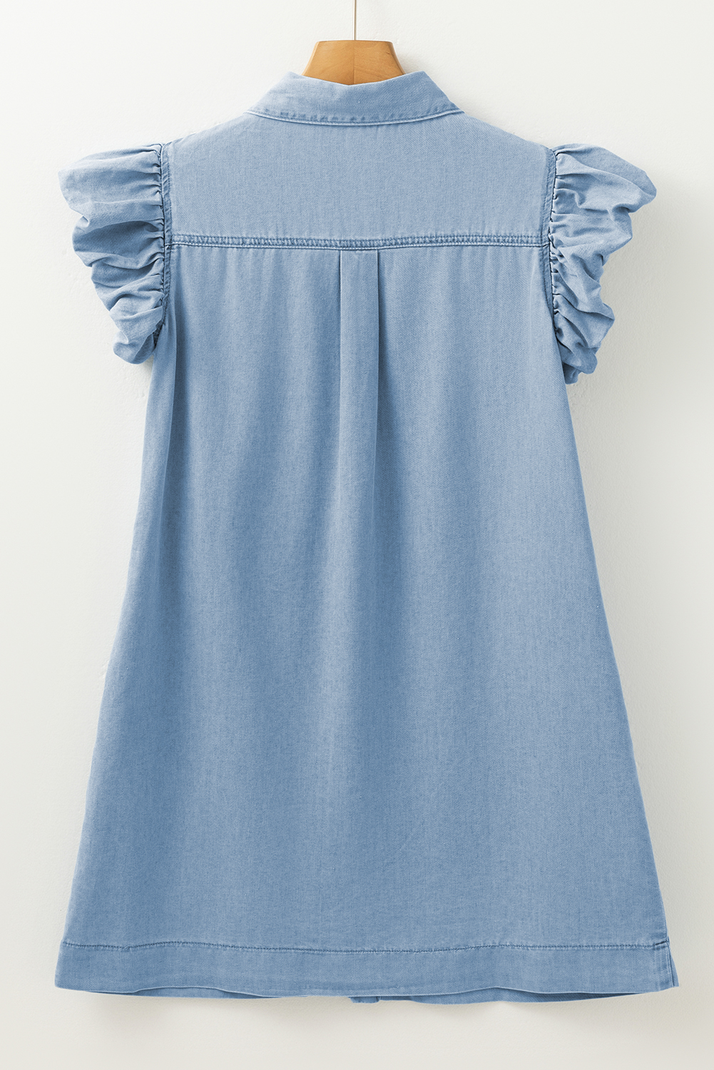 Beau Blue Flutter Sleeve Shirred Detail Button Up Denim Mini Dress - loveforevers