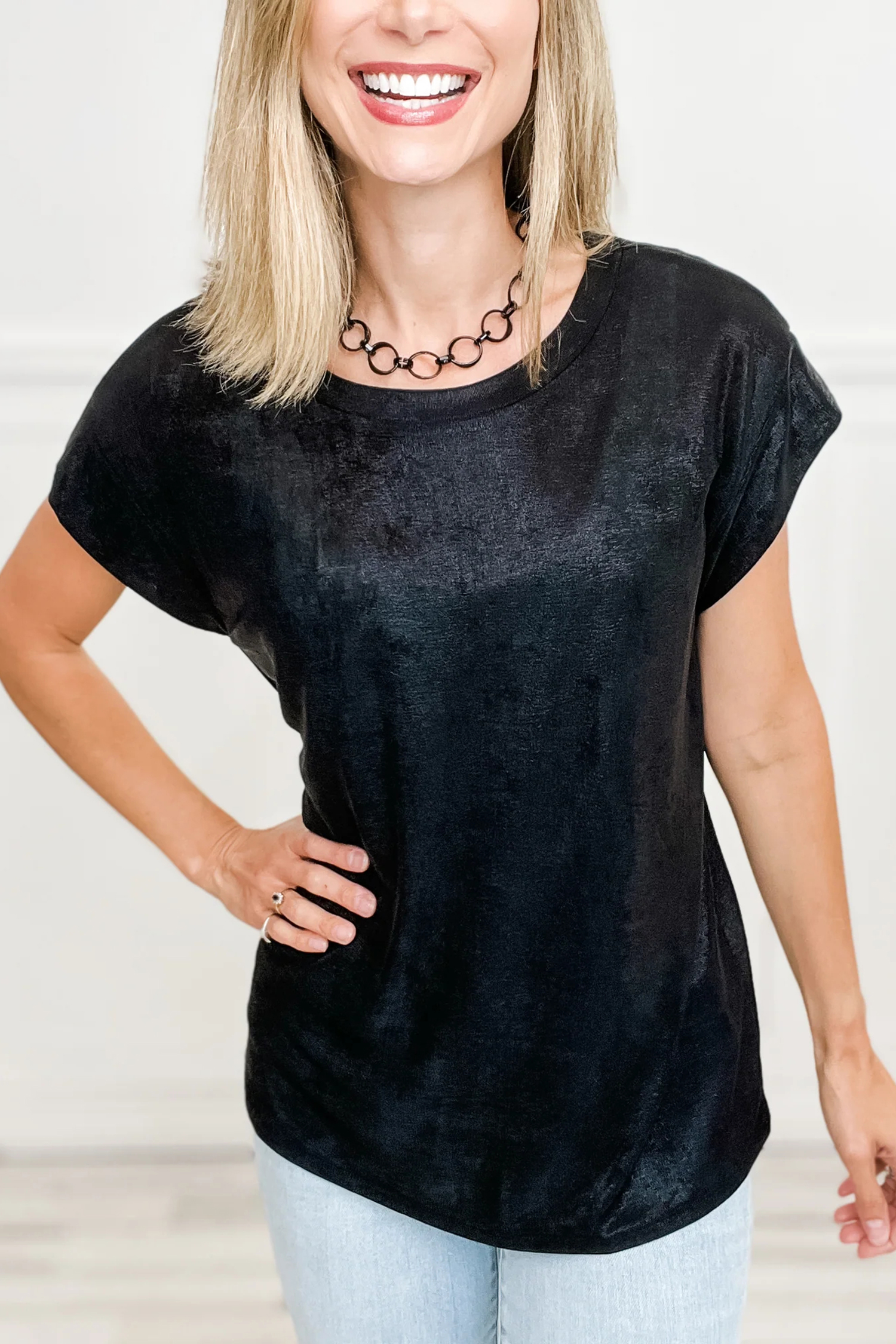 Black Metallic Round Neck Cap Sleeve Tee - loveforevers