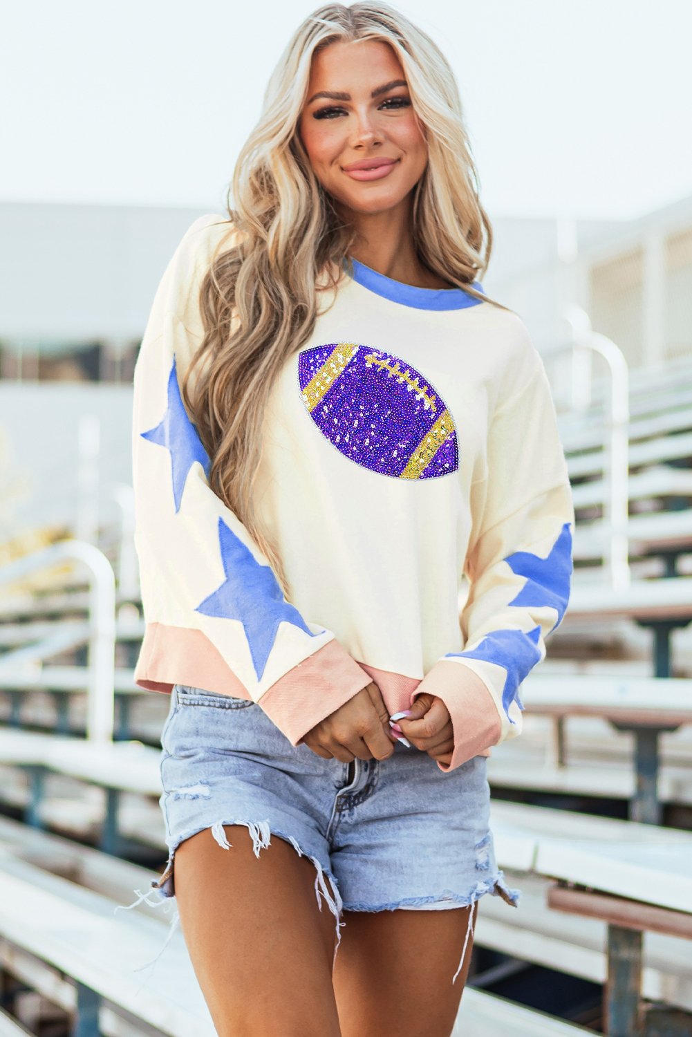 Beige Sequin Rugby Graphic Starry Patched Contrast Trim Game Day Sweatshirt - loveforevers