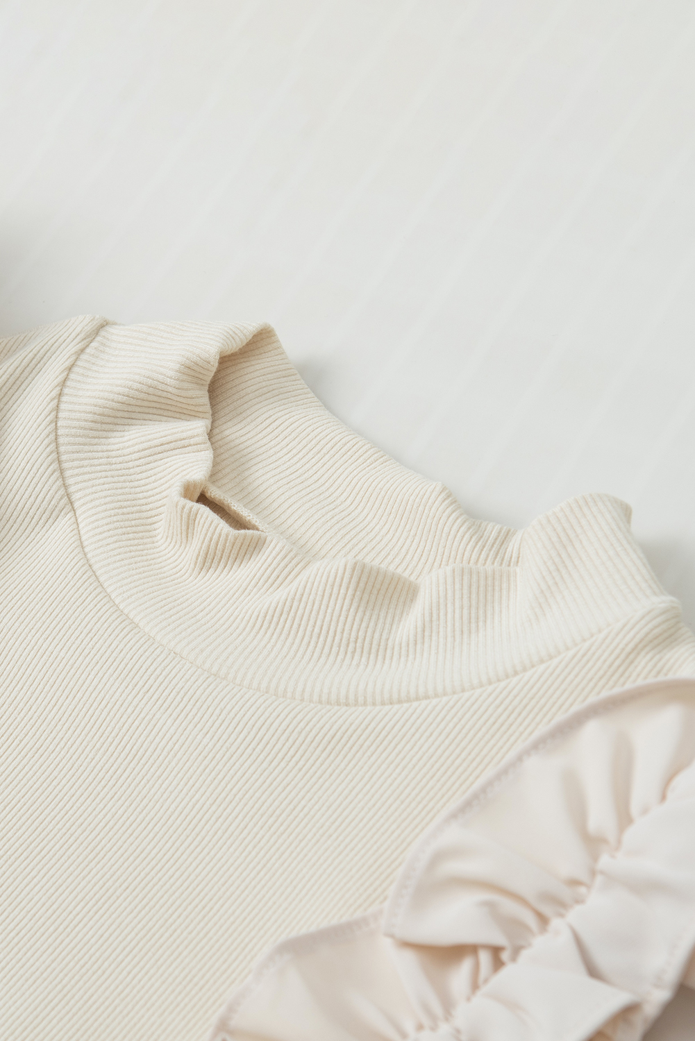 Beige Ruffle Flutter Sleeve High Neck Ribbed Blouse - loveforevers