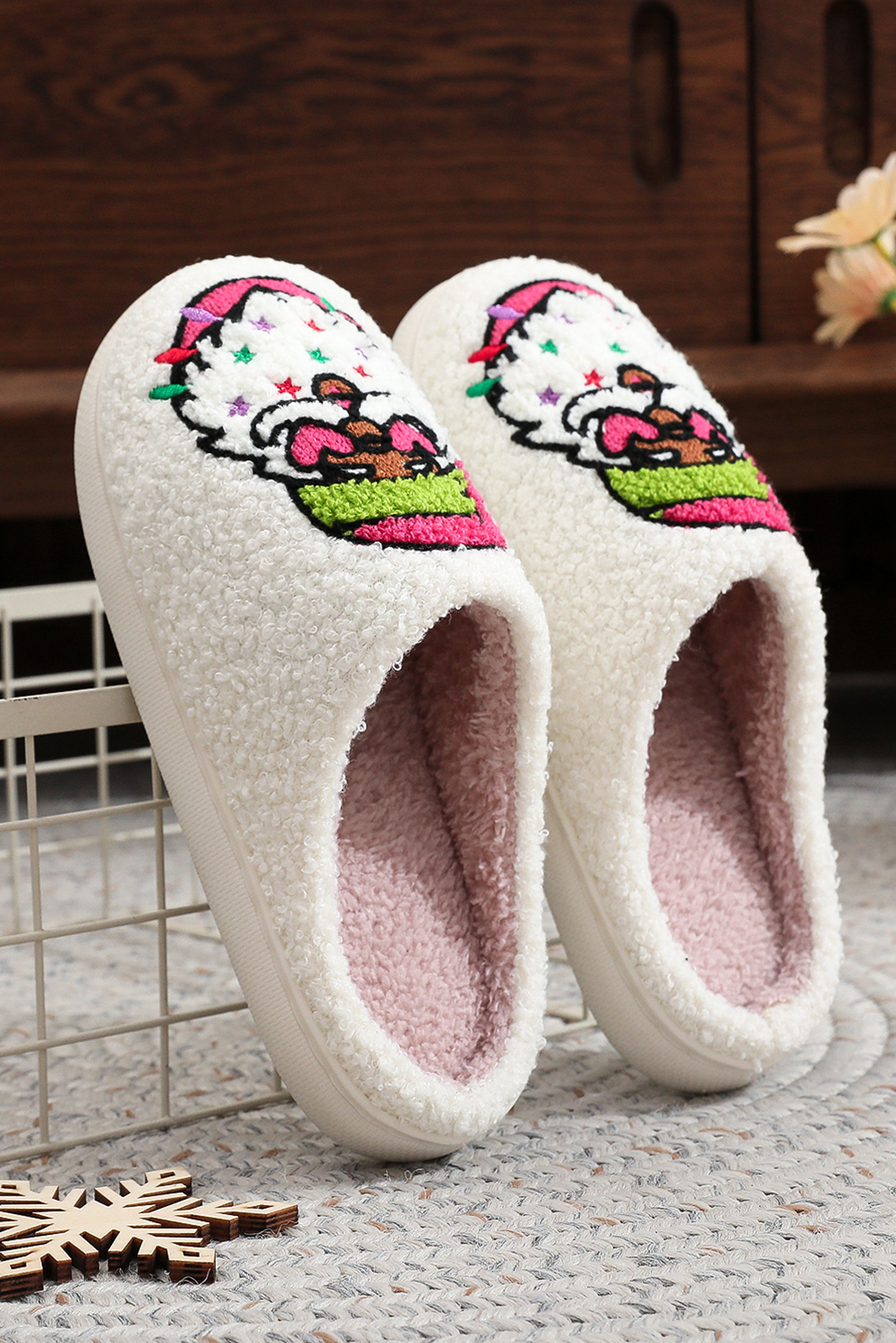 White Starry Santa Claus Pattern Christmas Plush Slippers - loveforevers