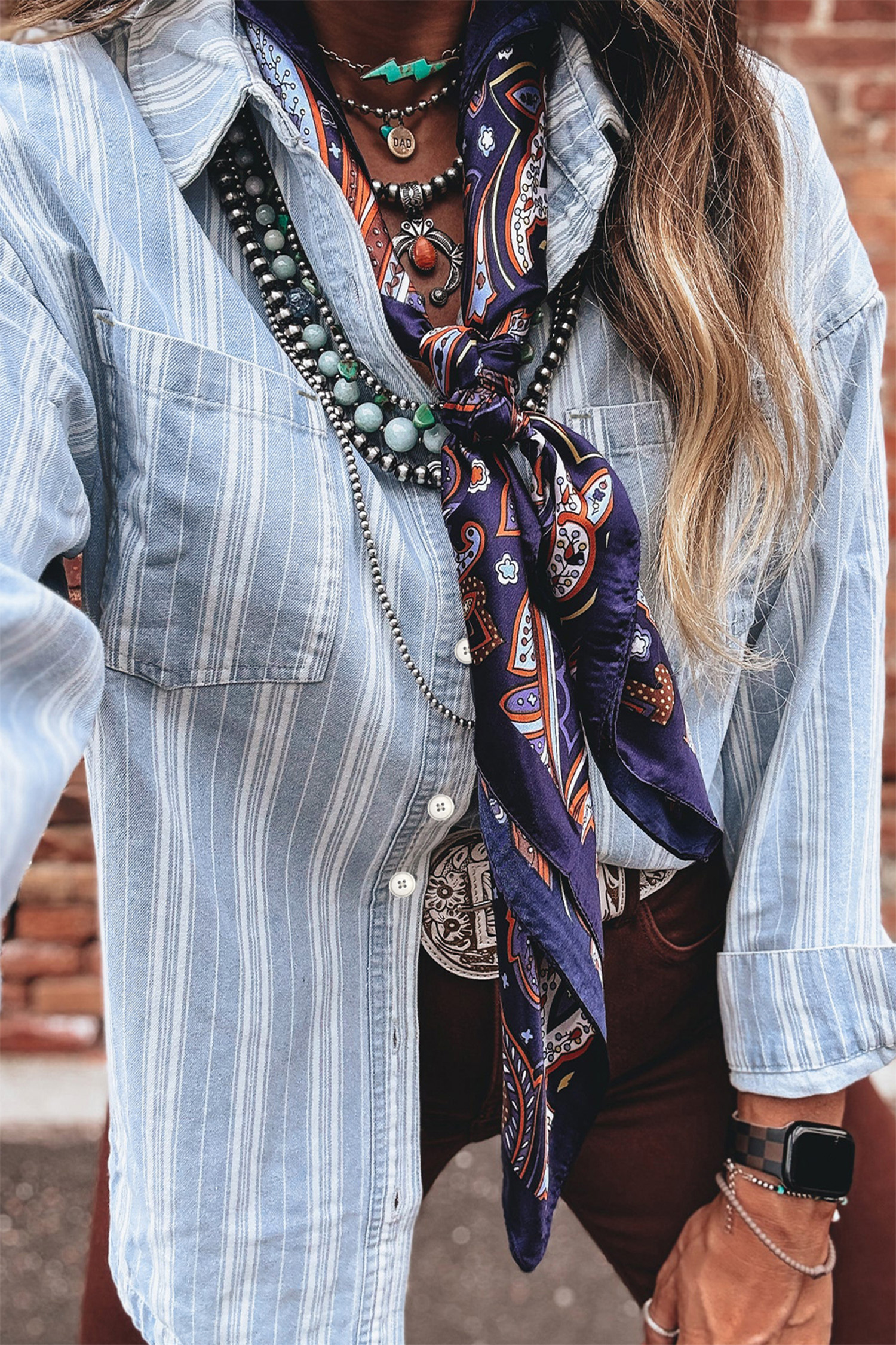 Sky Blue Stripe Boyfriend Chest Pocket Classic Denim Shacket - loveforevers