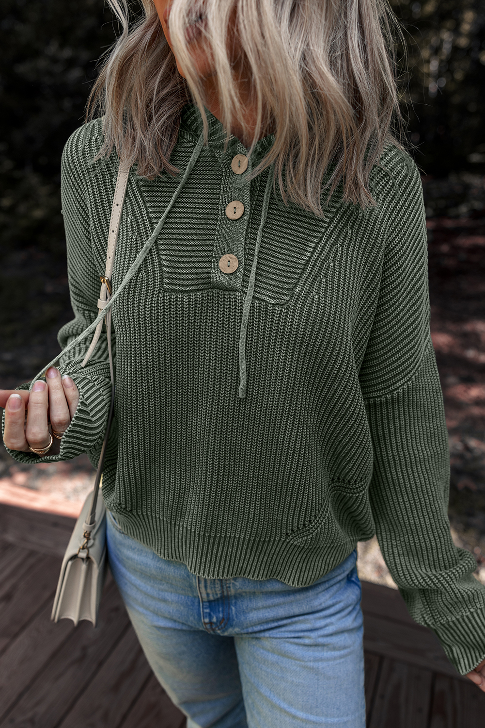 Mist Green Mineral Wash Ribbed Knit Button Drawstring Neck Hooded Sweater - loveforevers