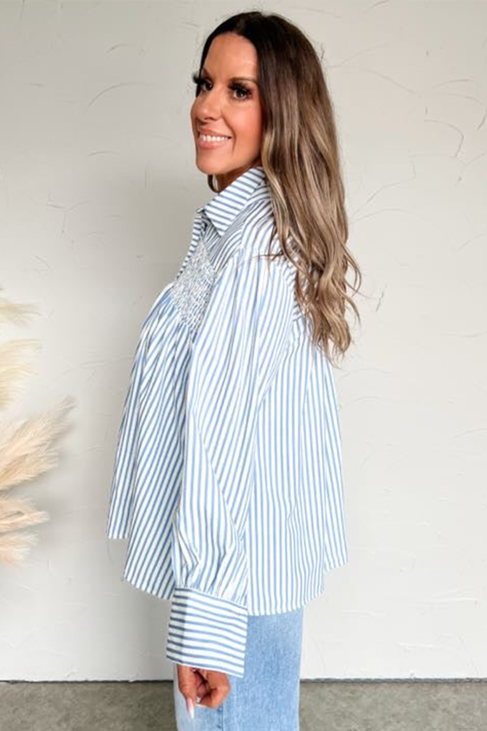 Sky Blue Stripe Shirred Detail Half Placket Collared Long Sleeve Fall Shirt - loveforevers